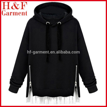 Women fashion flounced side zipper korean style hoodie in black with no pocket